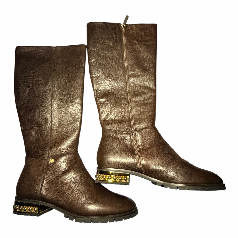 NEW KARL LAGERFELD METAL DETAILED HEEL SEINE Brown LEATHER BOOTS Size 9.5